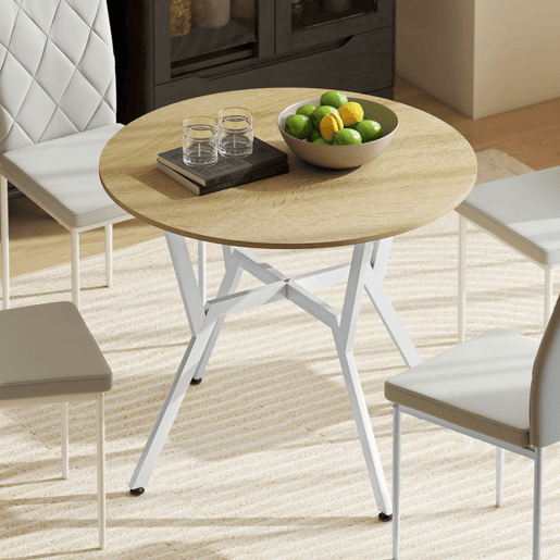 HOMCOM Mesa de Jantar Redonda para 2-4 Pessoas, Mesa de Cozinha Estilo Industrial, Pernas Curvadas em Aço, para Sala de Estar, 90x90x76 cm, Natural e Branco