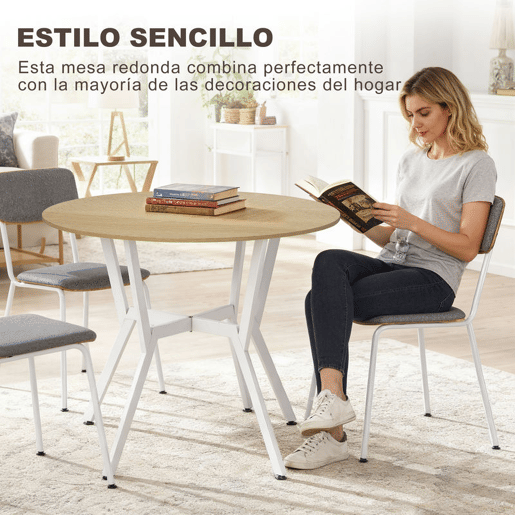 HOMCOM Mesa de Jantar Redonda para 2-4 Pessoas, Mesa de Cozinha Estilo Industrial, Pernas Curvadas em Aço, para Sala de Estar, 90x90x76 cm, Natural e Branco