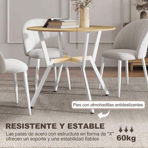 HOMCOM Mesa de Jantar Redonda para 2-4 Pessoas, Mesa de Cozinha Estilo Industrial, Pernas Curvadas em Aço, para Sala de Estar, 90x90x76 cm, Natural e Branco