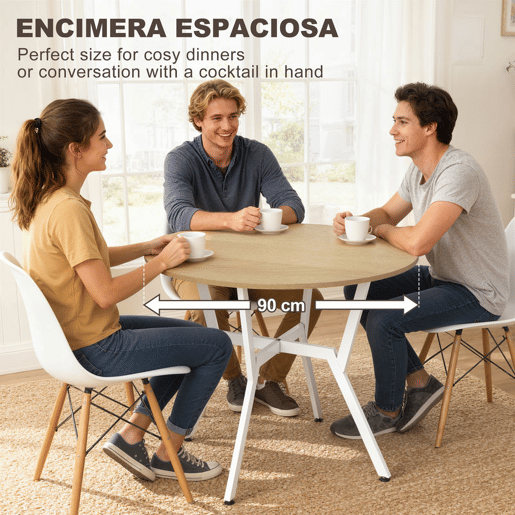 HOMCOM Mesa de Jantar Redonda para 2-4 Pessoas, Mesa de Cozinha Estilo Industrial, Pernas Curvadas em Aço, para Sala de Estar, 90x90x76 cm, Natural e Branco