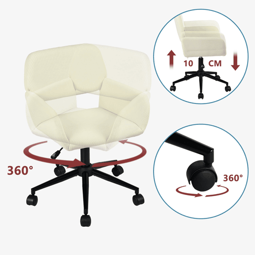Cadeira De Escritório Estofada Em Veludo Canelado Bege Com Altura Ajustável E Rotação 360 Graus, Estrutura Metálica Preta, Rodas Silenciosas E Design Moderno Ideal Para Escritório, Quarto Ou Espaço De Estudo