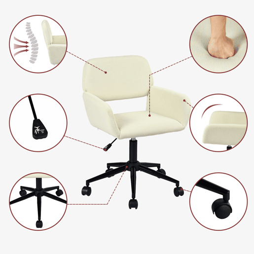 Cadeira De Escritório Estofada Em Veludo Canelado Bege Com Altura Ajustável E Rotação 360 Graus, Estrutura Metálica Preta, Rodas Silenciosas E Design Moderno Ideal Para Escritório, Quarto Ou Espaço De Estudo