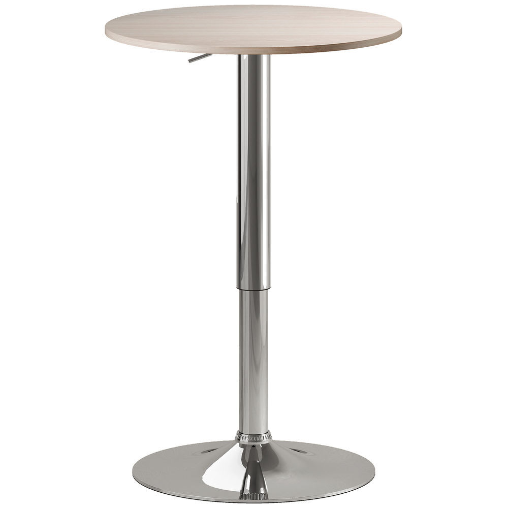 Homcom mesa de bar redonda ajustable en altura 67-93 cm, mesa alta de bar, tablero ø60 cm y giratorio 360°, con base redonda de metal cromado, para bistró, cocina comedor, madera natural
