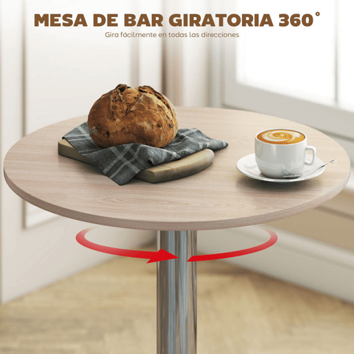 HOMCOM Mesa de Bar com Altura Ajustável Giratória 360° com Base Redonda Mesa Alta Moderna para Cozinha Sala de Jantar Ø60x67-93 cm Madeira