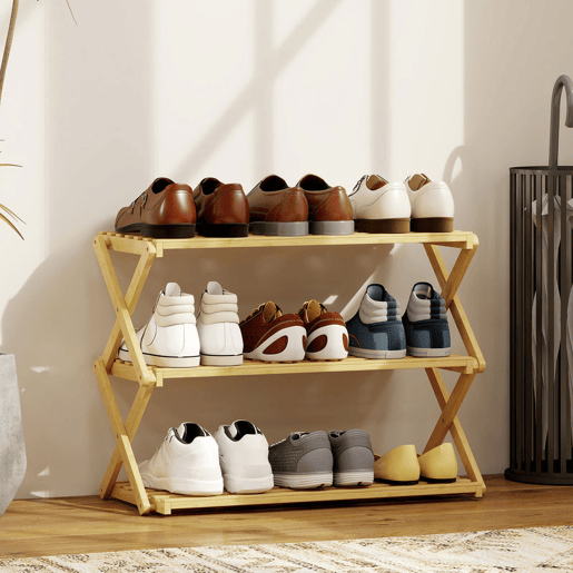 HOMCOM Sapateira Estreita de Bambu Sapateira Vertical Dobrável de 3 Níveis Sem Instalação Prateleira para Sapatos para Entrada Corredor Quarto 60x29x45,5 cm Madeira