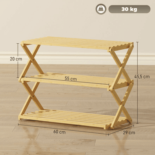 HOMCOM Sapateira Estreita de Bambu Sapateira Vertical Dobrável de 3 Níveis Sem Instalação Prateleira para Sapatos para Entrada Corredor Quarto 60x29x45,5 cm Madeira