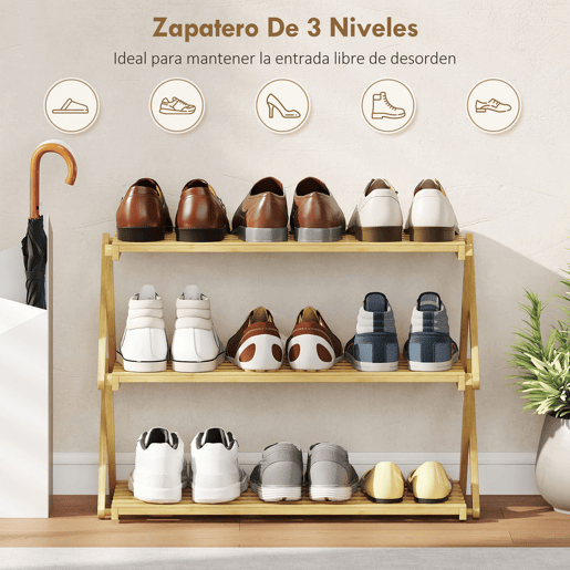 HOMCOM Sapateira Estreita de Bambu Sapateira Vertical Dobrável de 3 Níveis Sem Instalação Prateleira para Sapatos para Entrada Corredor Quarto 60x29x45,5 cm Madeira