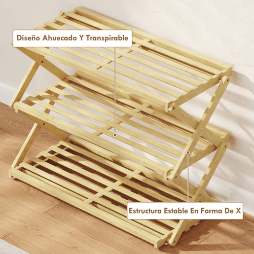 HOMCOM Sapateira Estreita de Bambu Sapateira Vertical Dobrável de 3 Níveis Sem Instalação Prateleira para Sapatos para Entrada Corredor Quarto 60x29x45,5 cm Madeira
