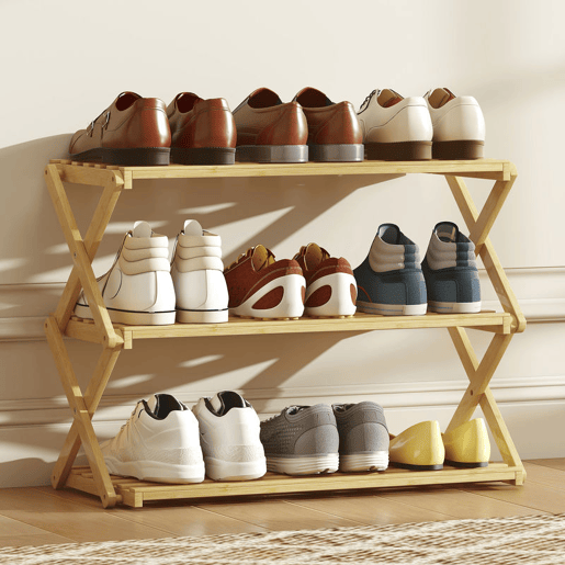 HOMCOM Sapateira Estreita de Bambu Sapateira Vertical Dobrável de 3 Níveis Sem Instalação Prateleira para Sapatos para Entrada Corredor Quarto 60x29x45,5 cm Madeira