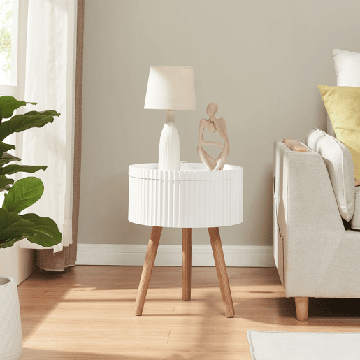 Mesa de apoio Bongard redondo com espaço de arrumação Ø38x48 cm branco en.casa