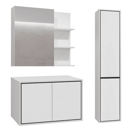 Conjunto móvel sob lavatório 80cm coluna e roupeiro espelho Sophéa Branco