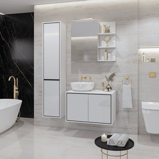 Conjunto móvel sob lavatório 80cm coluna e roupeiro espelho Sophéa Branco