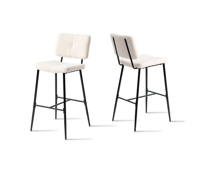 Pack de 2 taburetes de bar altos tapizados en tejido bouclé con patas metálicas negras con recubrimiento en polvo y estructura kd, diseño moderno y