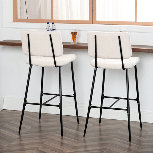 Conjunto De 2 Bancos Altos De Bar Estofados Em Tecido Bouclé Com Pés Metálicos Pretos Com Pintura A Pó E Estrutura KD, Design Moderno E Confortável Ideal Para Bancada De Cozinha Ou Sala De Jantar, Altura Do Assento 75 CM, Suporta Até 120 KG