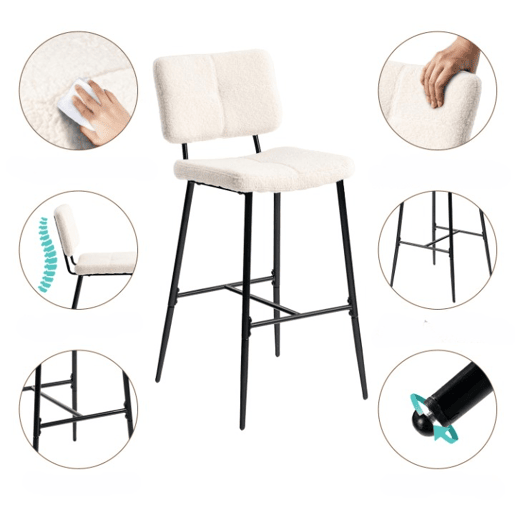 Conjunto De 2 Bancos Altos De Bar Estofados Em Tecido Bouclé Com Pés Metálicos Pretos Com Pintura A Pó E Estrutura KD, Design Moderno E Confortável Ideal Para Bancada De Cozinha Ou Sala De Jantar, Altura Do Assento 75 CM, Suporta Até 120 KG