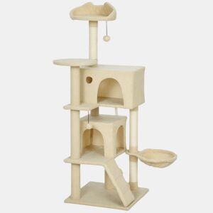 PawHut Arranhador para Gatos 140 cm Torre de Escalada com Múltiplas Plataformas Cama 2 Cavernas Rede Escada Postes de Sisal Bolas para Brincar Bege