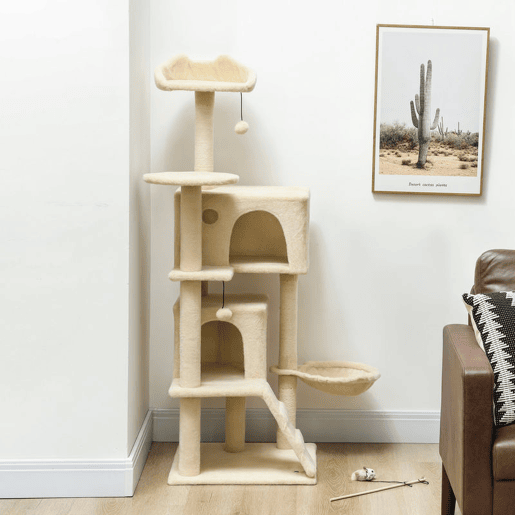 PawHut Arranhador para Gatos 140 cm Torre de Escalada com Múltiplas Plataformas Cama 2 Cavernas Rede Escada Postes de Sisal Bolas para Brincar Bege