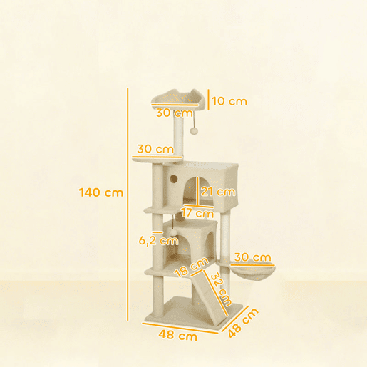 PawHut Arranhador para Gatos 140 cm Torre de Escalada com Múltiplas Plataformas Cama 2 Cavernas Rede Escada Postes de Sisal Bolas para Brincar Bege