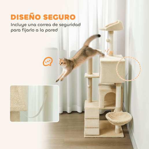 PawHut Arranhador para Gatos 140 cm Torre de Escalada com Múltiplas Plataformas Cama 2 Cavernas Rede Escada Postes de Sisal Bolas para Brincar Bege
