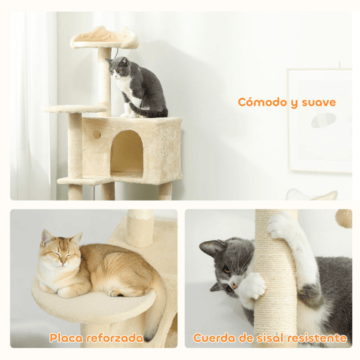 PawHut Arranhador para Gatos 140 cm Torre de Escalada com Múltiplas Plataformas Cama 2 Cavernas Rede Escada Postes de Sisal Bolas para Brincar Bege