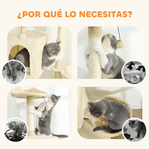 PawHut Arranhador para Gatos 140 cm Torre de Escalada com Múltiplas Plataformas Cama 2 Cavernas Rede Escada Postes de Sisal Bolas para Brincar Bege