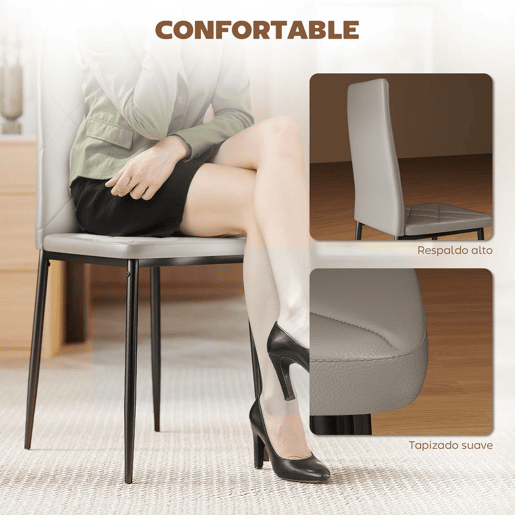 HOMCOM Conjunto de 4 Cadeiras de Sala de Jantar Estofadas em Couro Sintético Cadeiras de Cozinha com Encosto Alto e Pés de Aço Carga Máxima 120kg 41x50x97 cm Cinza