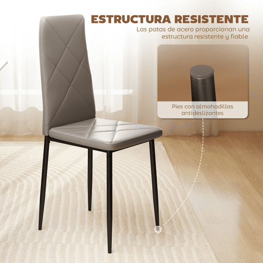 HOMCOM Conjunto de 4 Cadeiras de Sala de Jantar Estofadas em Couro Sintético Cadeiras de Cozinha com Encosto Alto e Pés de Aço Carga Máxima 120kg 41x50x97 cm Cinza