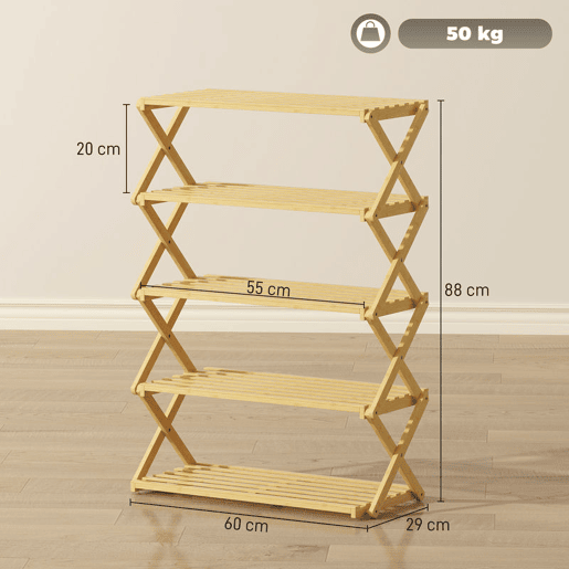 HOMCOM Sapateira Estreita de Bambu Sapateira Vertical Dobrável de 5 Níveis Sem Instalação Prateleira para Sapatos para Entrada Corredor Quarto 60x29x88 cm Madeira