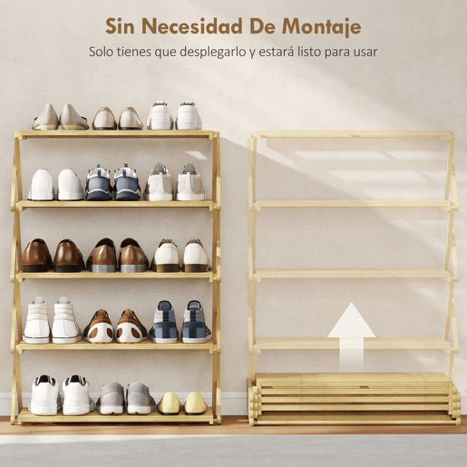 HOMCOM Sapateira Estreita de Bambu Sapateira Vertical Dobrável de 5 Níveis Sem Instalação Prateleira para Sapatos para Entrada Corredor Quarto 60x29x88 cm Madeira