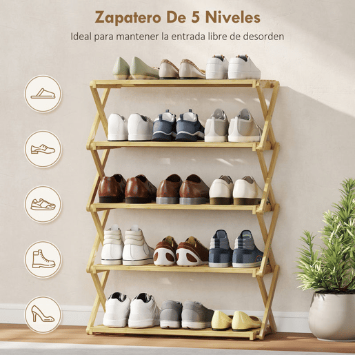 HOMCOM Sapateira Estreita de Bambu Sapateira Vertical Dobrável de 5 Níveis Sem Instalação Prateleira para Sapatos para Entrada Corredor Quarto 60x29x88 cm Madeira