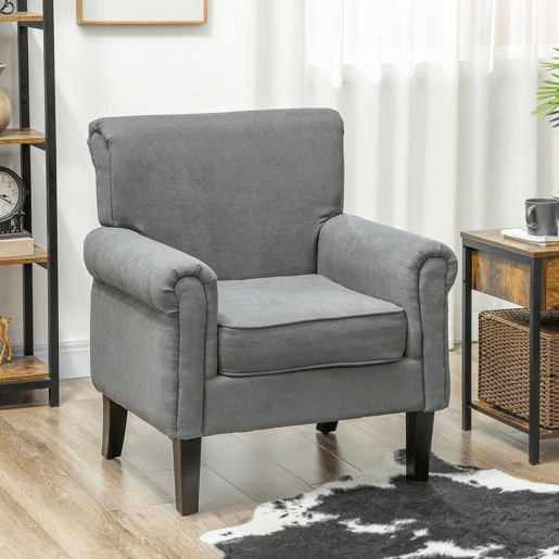HOMCOM Poltrona Estofada em Tecido Poltrona Relax com Apoio para os Braços Assento Amovível e Lavável Pés de Madeira para Dormitório Estilo Moderno Carga 150kg 79x78x87 cm Cinza Escuro