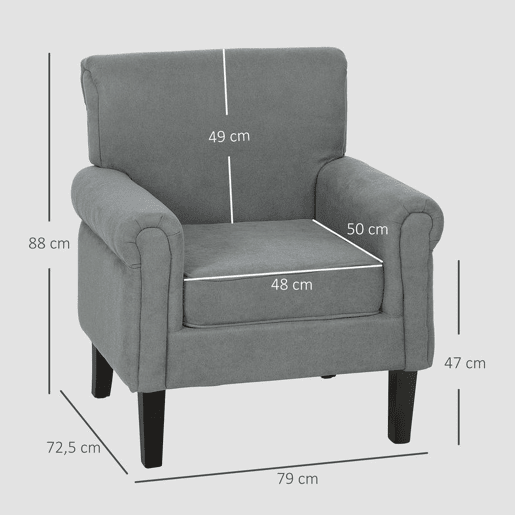 HOMCOM Poltrona Estofada em Tecido Poltrona Relax com Apoio para os Braços Assento Amovível e Lavável Pés de Madeira para Dormitório Estilo Moderno Carga 150kg 79x78x87 cm Cinza Escuro