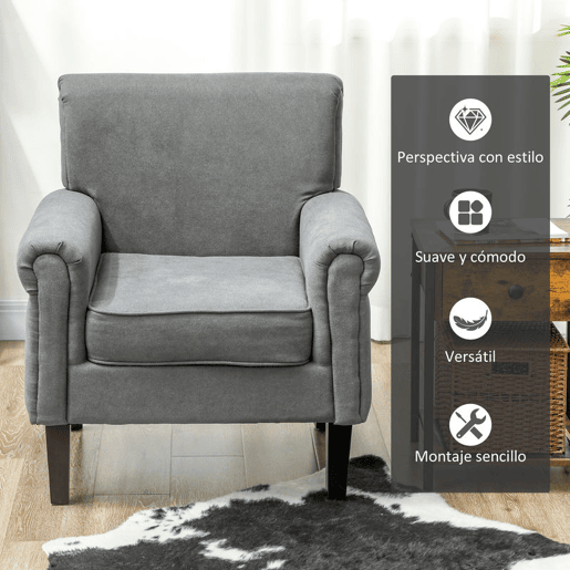 HOMCOM Poltrona Estofada em Tecido Poltrona Relax com Apoio para os Braços Assento Amovível e Lavável Pés de Madeira para Dormitório Estilo Moderno Carga 150kg 79x78x87 cm Cinza Escuro