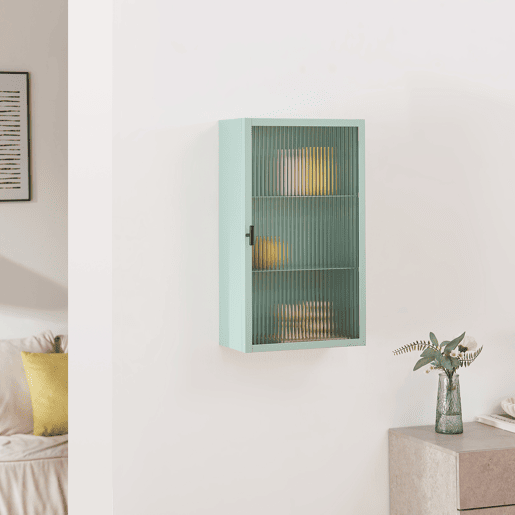 Armário de parede Zundert com porta de vidro canelado aço 60x35x15 cm Verde menta en.casa
