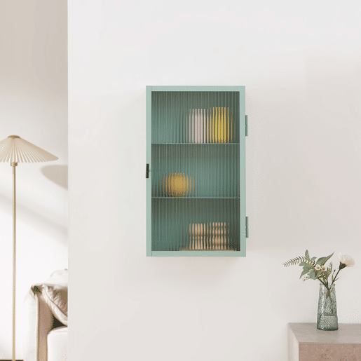 Armário de parede Zundert com porta de vidro canelado aço 60x35x15 cm Verde menta en.casa