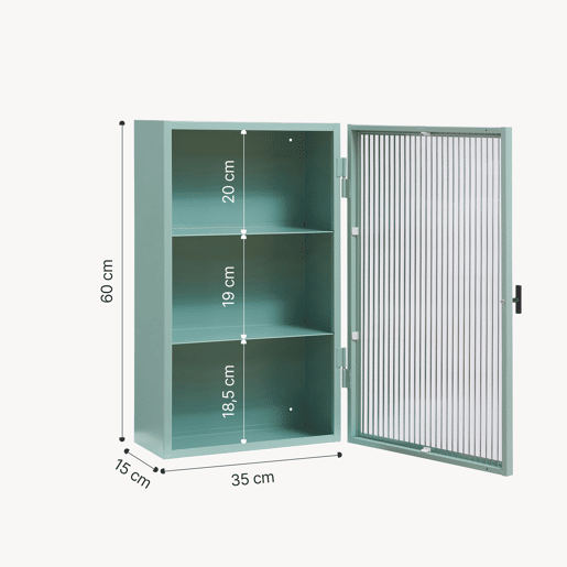 Armário de parede Zundert com porta de vidro canelado aço 60x35x15 cm Verde menta en.casa