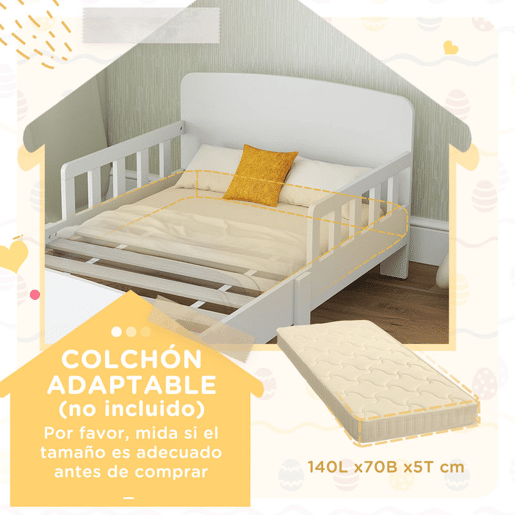 AIYAPLAY Cama para Crianças 70x140 cm Cama Infantil com Barreira Anticaídas e Estrado para Meninos e Meninas de 3-8 Anos Branco