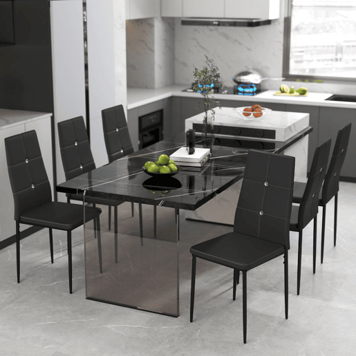 HOMCOM Conjunto de 6 Cadeiras de Sala de Jantar Estofadas em PU Cadeiras de Cozinha com Encosto Alto com Botões e Pernas de Aço Desenho Moderno para Sala de Estar Quarto 41x50x97 cm Preto