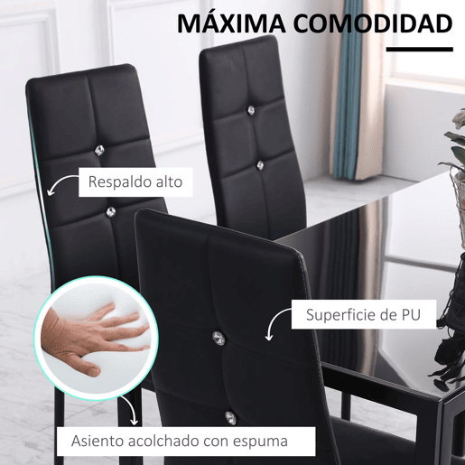 HOMCOM Conjunto de 6 Cadeiras de Sala de Jantar Estofadas em PU Cadeiras de Cozinha com Encosto Alto com Botões e Pernas de Aço Desenho Moderno para Sala de Estar Quarto 41x50x97 cm Preto