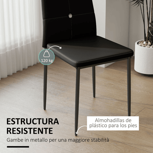 HOMCOM Conjunto de 6 Cadeiras de Sala de Jantar Estofadas em PU Cadeiras de Cozinha com Encosto Alto com Botões e Pernas de Aço Desenho Moderno para Sala de Estar Quarto 41x50x97 cm Preto