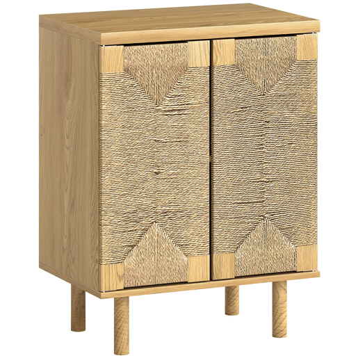 HOMCOM Aparador Boémio de 2 Portas com Corda Tecida à Mão Aparador de Sala com Prateleira Ajustável Abertura por Pressão Pés de Madeira 60x40x78 cm Carvalho