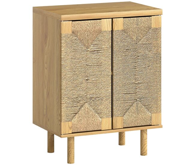 Homcom aparador bohemio de 2 puertas con cuerda tejida a mano, aparador de salón con estante ajustable, apertura por presión, patas de madera, roble, 60x40x78 cm