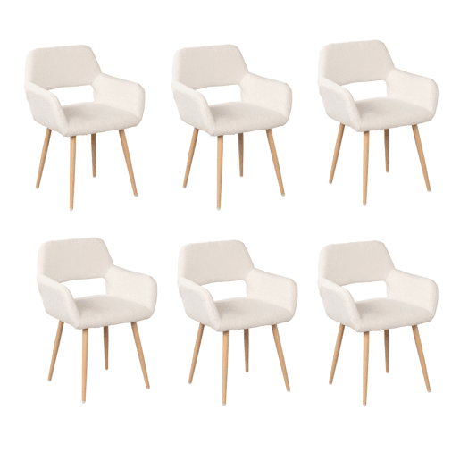 Conjunto De 6 Cadeiras De Jantar Estofadas Em Tecido Tipo Lã De Ovelha Bege Com Assento De Espuma E Pernas De Aço Com Efeito Madeira, Design Nórdico Moderno E Aconchegante Ideal Para Sala De Jantar, Cozinha Ou Sala De Estar, Perfeitas Para Famílias