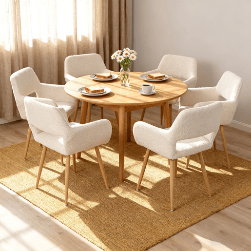 Conjunto De 6 Cadeiras De Jantar Estofadas Em Tecido Tipo Lã De Ovelha Bege Com Assento De Espuma E Pernas De Aço Com Efeito Madeira, Design Nórdico Moderno E Aconchegante Ideal Para Sala De Jantar, Cozinha Ou Sala De Estar, Perfeitas Para Famílias