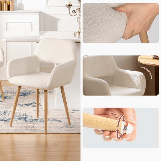 Conjunto De 6 Cadeiras De Jantar Estofadas Em Tecido Tipo Lã De Ovelha Bege Com Assento De Espuma E Pernas De Aço Com Efeito Madeira, Design Nórdico Moderno E Aconchegante Ideal Para Sala De Jantar, Cozinha Ou Sala De Estar, Perfeitas Para Famílias
