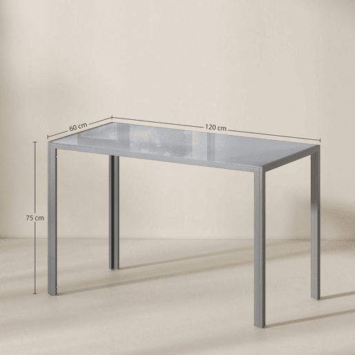 HOMCOM Mesa de Refeição de Cristal Mesa Retangular para 4-6 pessoas com Pés de Metal Multifuncional para Cozinha 120x60x75 cm Cinza