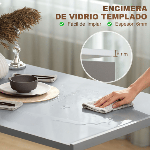 HOMCOM Mesa de Refeição de Cristal Mesa Retangular para 4-6 pessoas com Pés de Metal Multifuncional para Cozinha 120x60x75 cm Cinza
