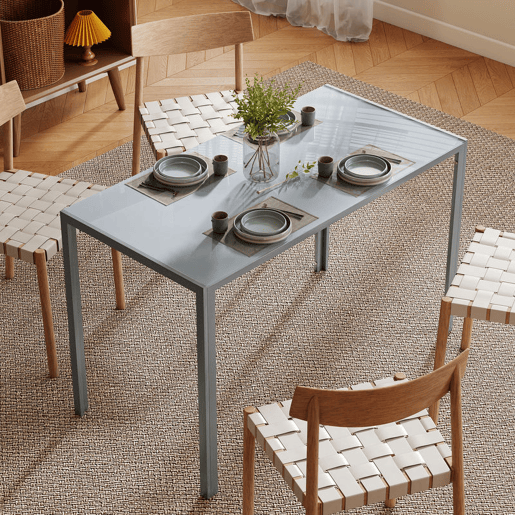 HOMCOM Mesa de Refeição de Cristal Mesa Retangular para 4-6 pessoas com Pés de Metal Multifuncional para Cozinha 120x60x75 cm Cinza