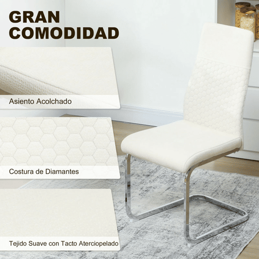 HOMCOM Conjunto de 4 Cadeiras de Sala de Jantar Estofadas em Veludo com Assento Acolchoado e Pés de Metal Cadeiras Cantilever Modernas 45x61x98 cm Creme
