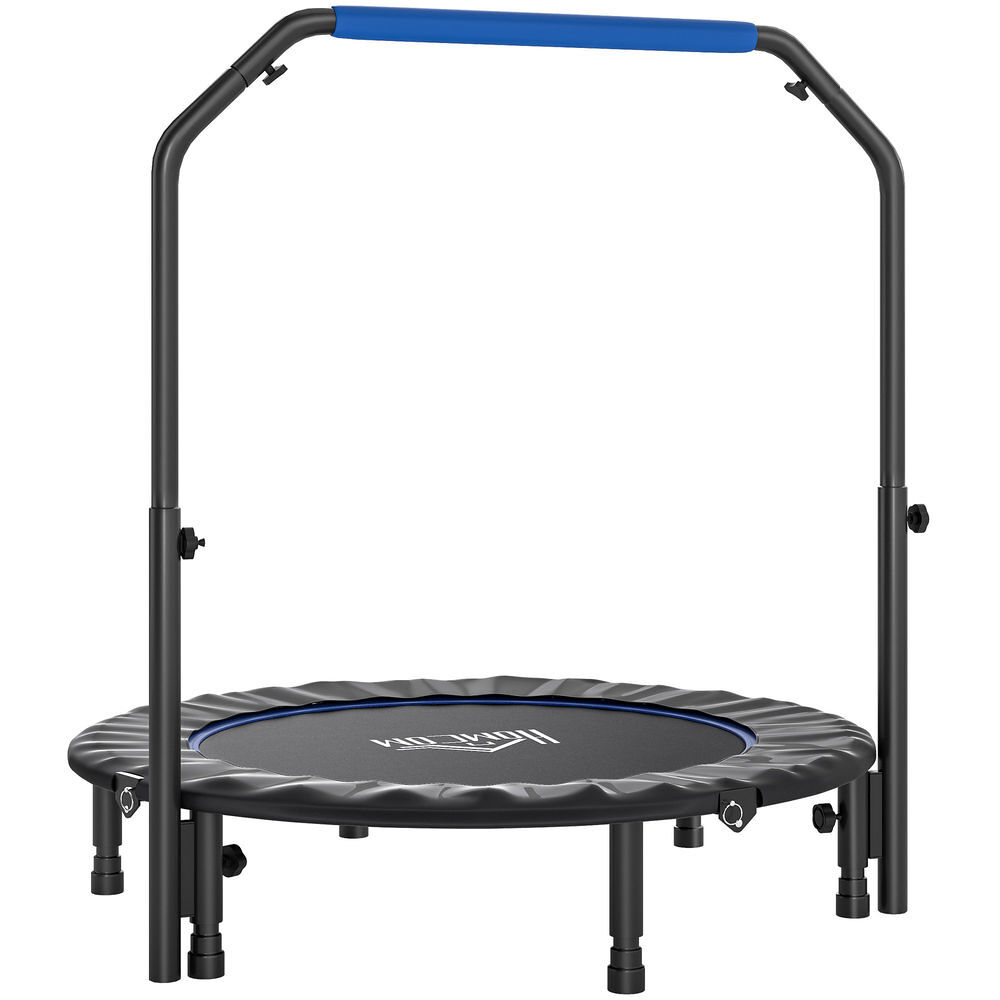 Homcom trampolín de fitness adultos ø114 cm, cama elástica plegable con mango ajustable de 4 niveles, marco de acero, para entrenamiento piernas, cuerpo en hogar, oficina, gimnasio, azul y negro